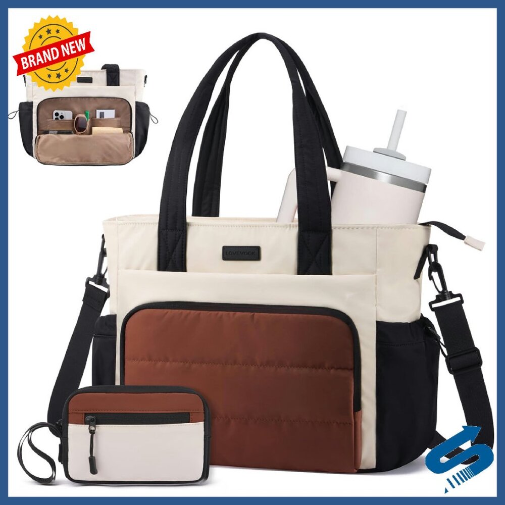 15.6 Inch Puffer Laptop Tote With Cup Holder, Quilted Work Bag